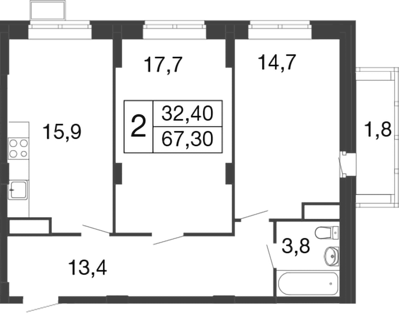 Планировка — Времена года, 2-комн., 66 м²