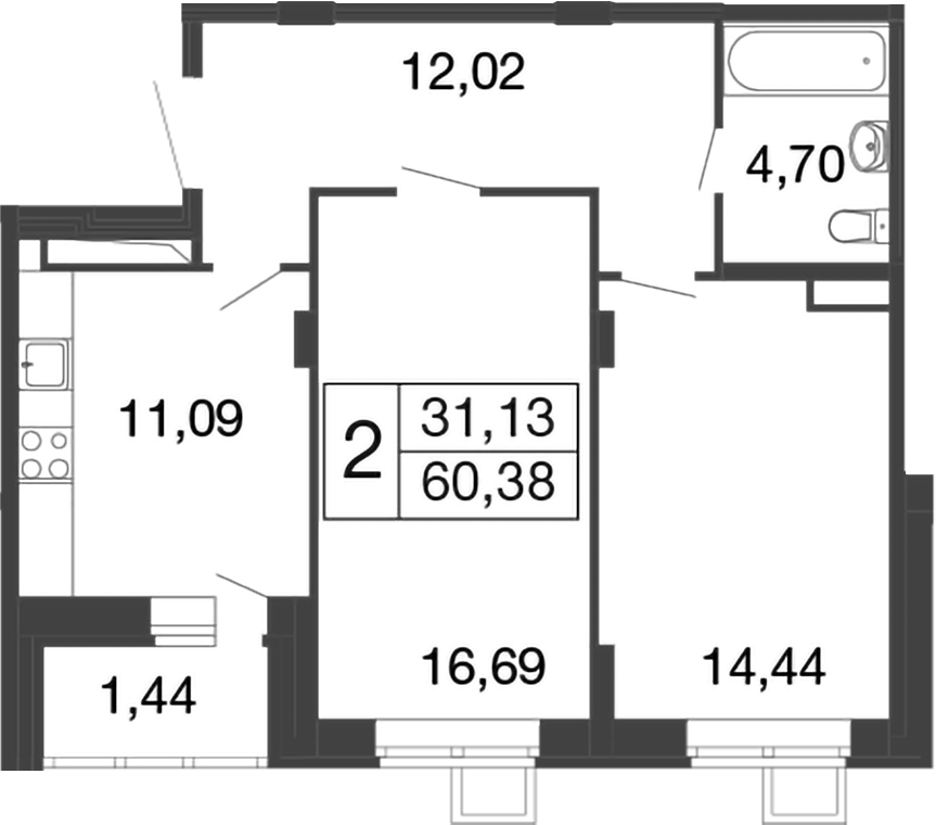 Планировка — Времена года, 2-комн., 59 м²