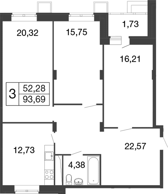 Планировка — Времена года, 3-комн., 92 м²