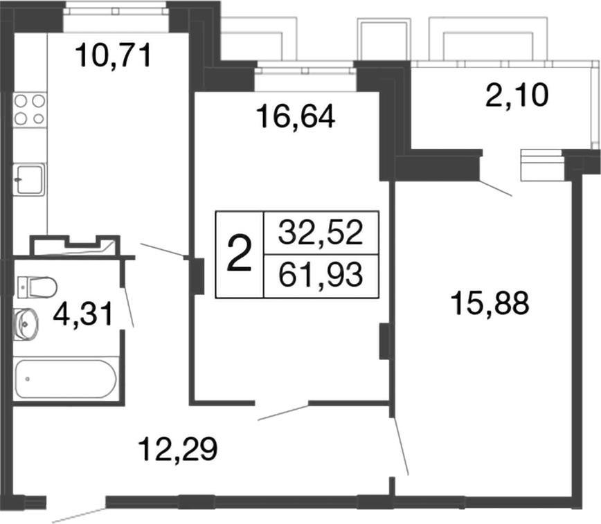 Планировка — Времена года, 2-комн., 60 м²