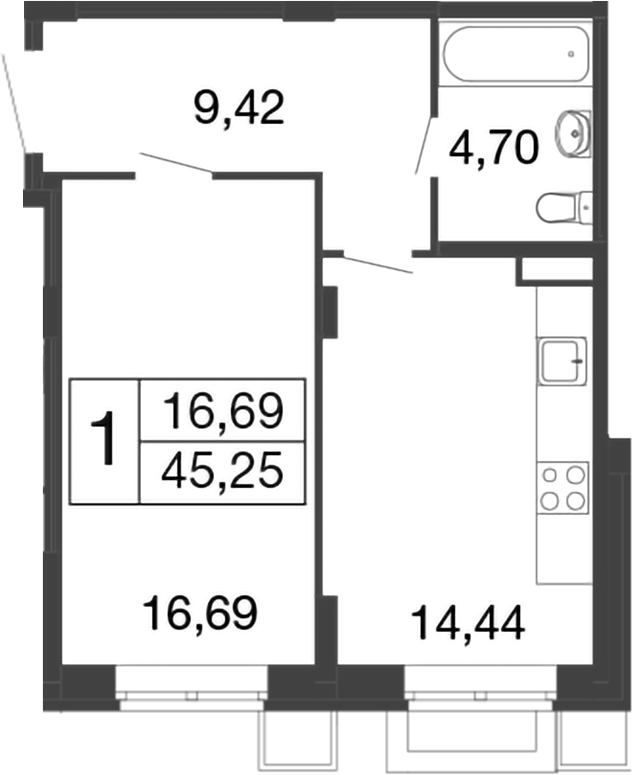 Планировка — Времена года, 1-комн., 45 м²