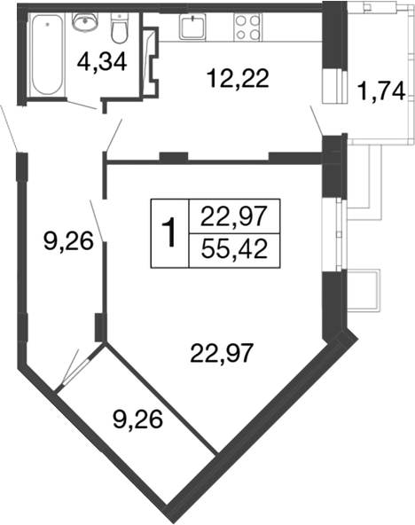 Планировка — Времена года, 1-комн., 54 м²
