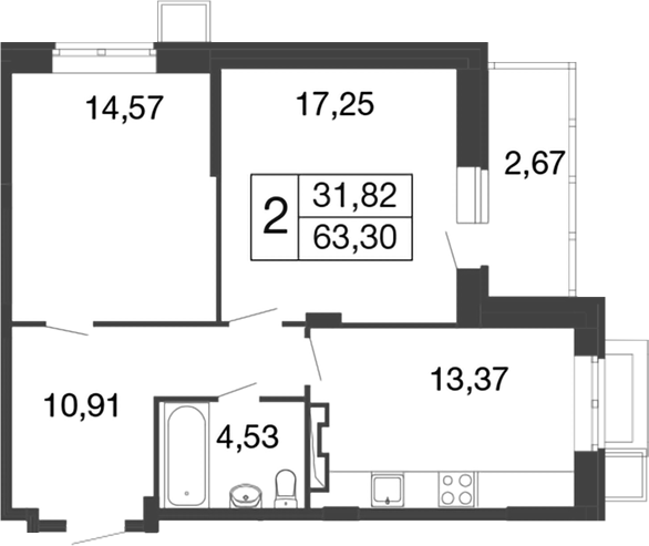 Планировка — Времена года, 2-комн., 61 м²
