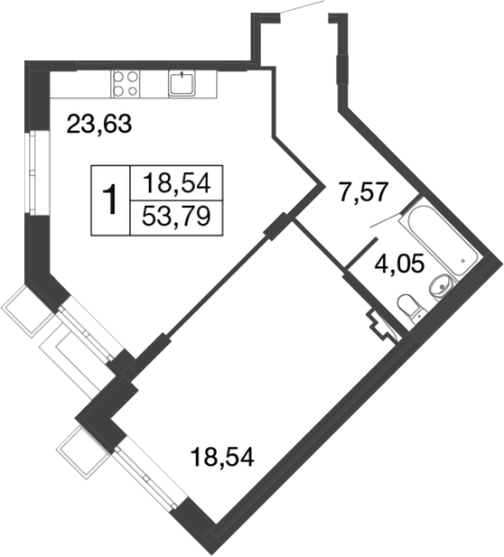 Планировка — Времена года, 1-комн., 54 м²