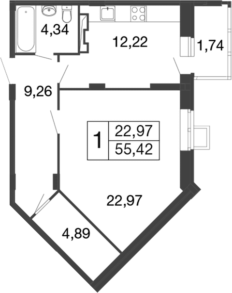 Планировка — Времена года, 1-комн., 54 м²