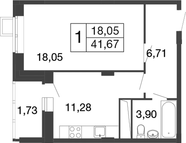 Планировка — Времена года, 1-комн., 40 м²