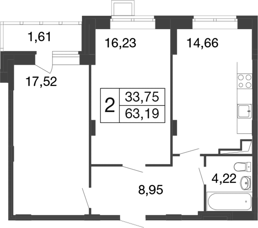 Планировка — Времена года, 2-комн., 62 м²