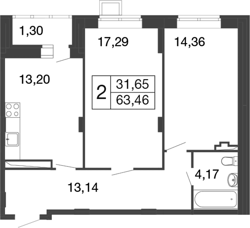 Планировка — Времена года, 2-комн., 62 м²