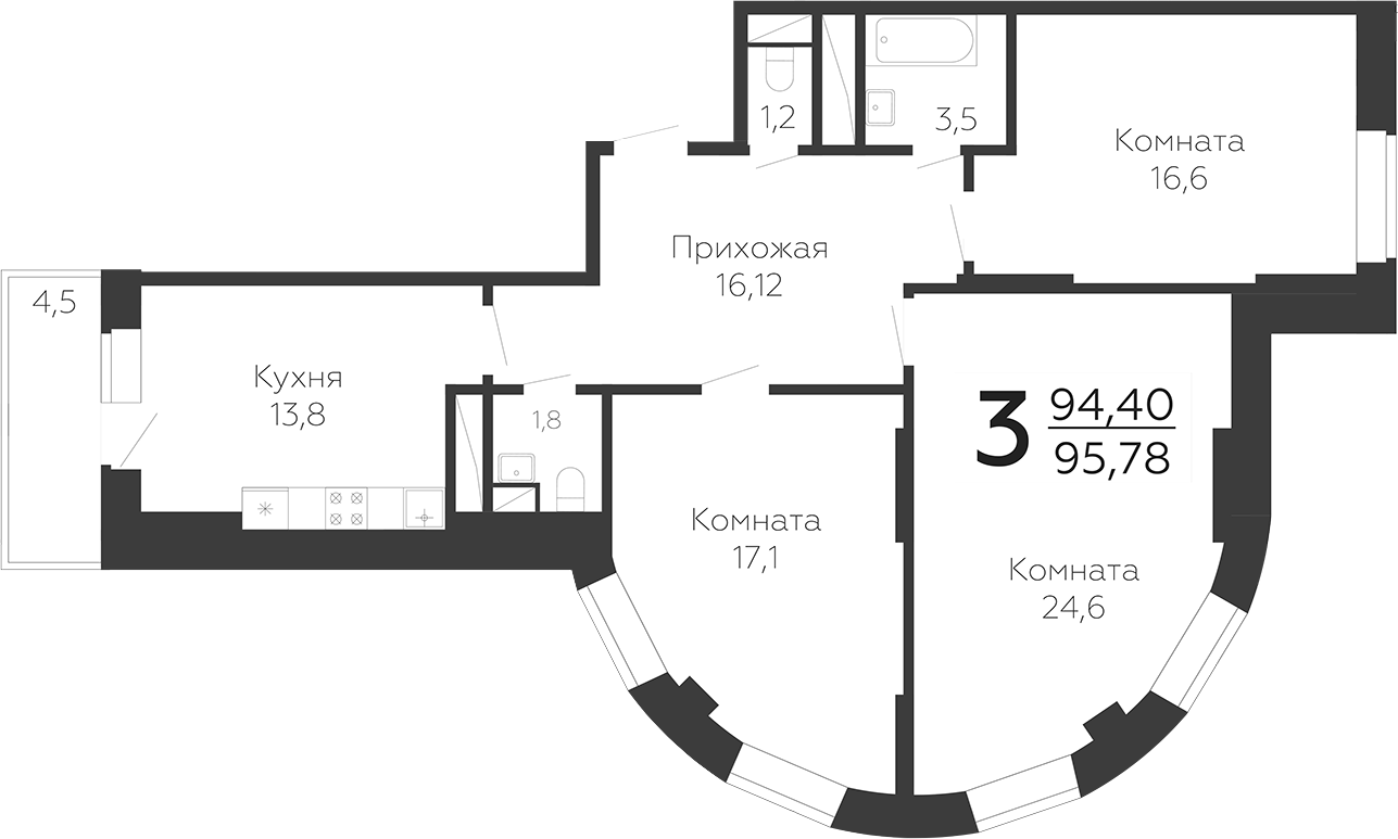 Планировка — Онегин. ГК Развитие, 3-комн., 94 м²
