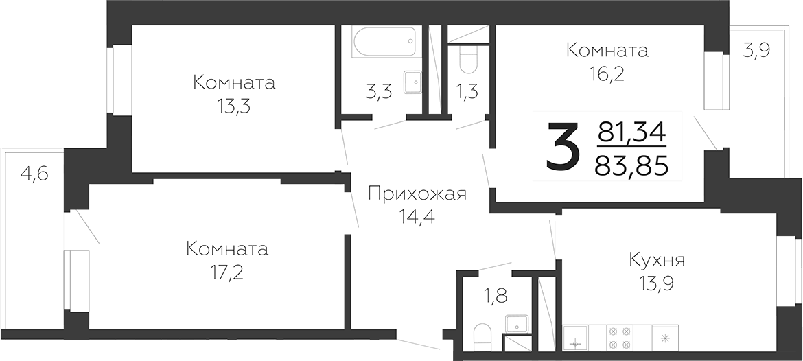 Планировка — Онегин. ГК Развитие, 3-комн., 84 м²