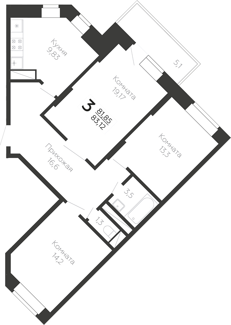 Планировка — Онегин. ГК Развитие, 3-комн., 78 м²