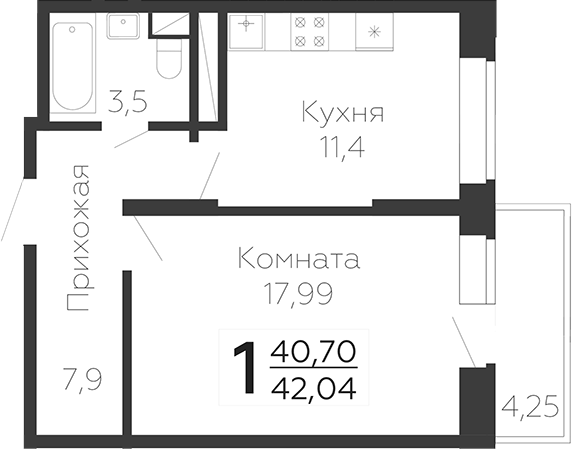 Планировка — Онегин. ГК Развитие, 1-комн., 41 м²