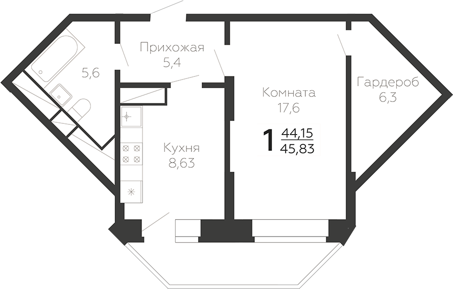 Планировка — Онегин. ГК Развитие, 1-комн., 44 м²