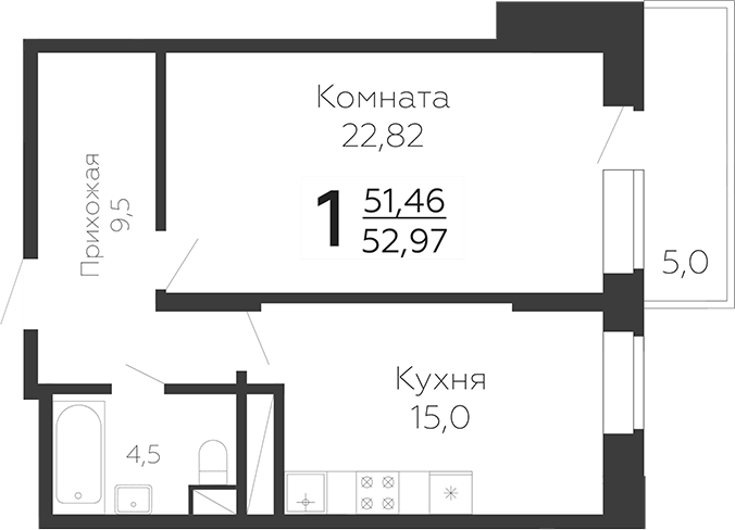 Планировка — Онегин. ГК Развитие, 1-комн., 53 м²