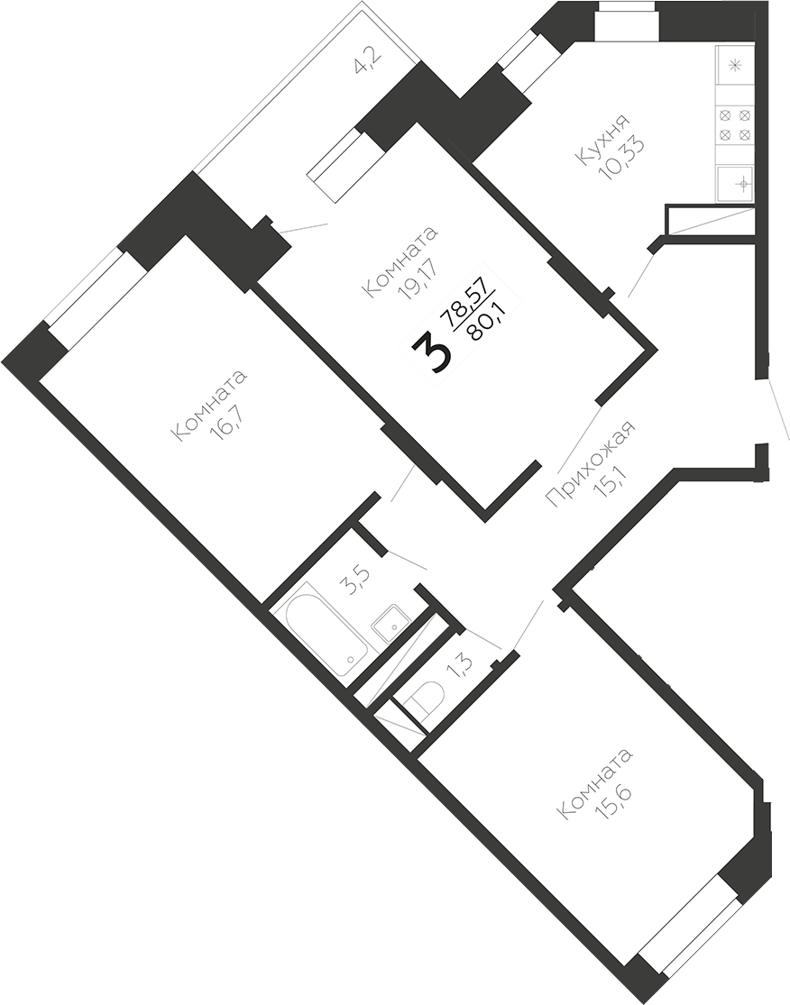 Планировка — Онегин. ГК Развитие, 3-комн., 76 м²