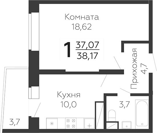 Планировка — Онегин. ГК Развитие, 1-комн., 37 м²