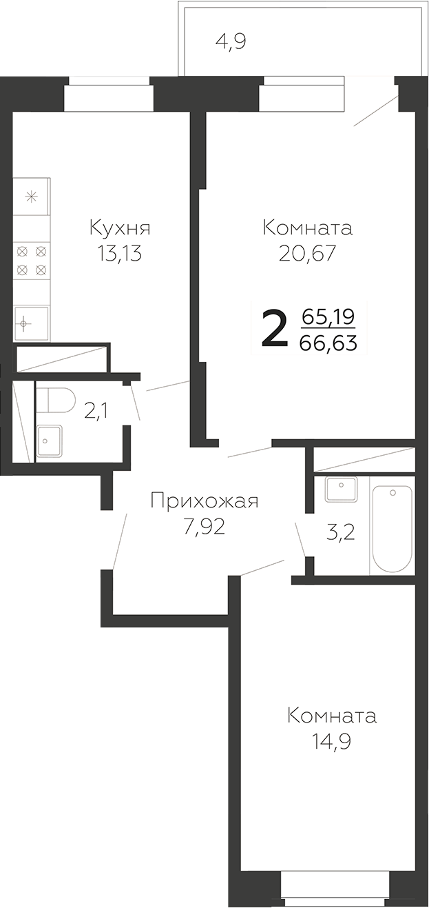 Планировка — Онегин. ГК Развитие, 2-комн., 65 м²