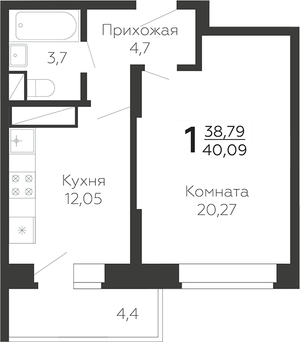 Планировка — Онегин. ГК Развитие, 1-комн., 39 м²