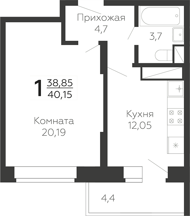 Планировка — Онегин. ГК Развитие, 1-комн., 39 м²