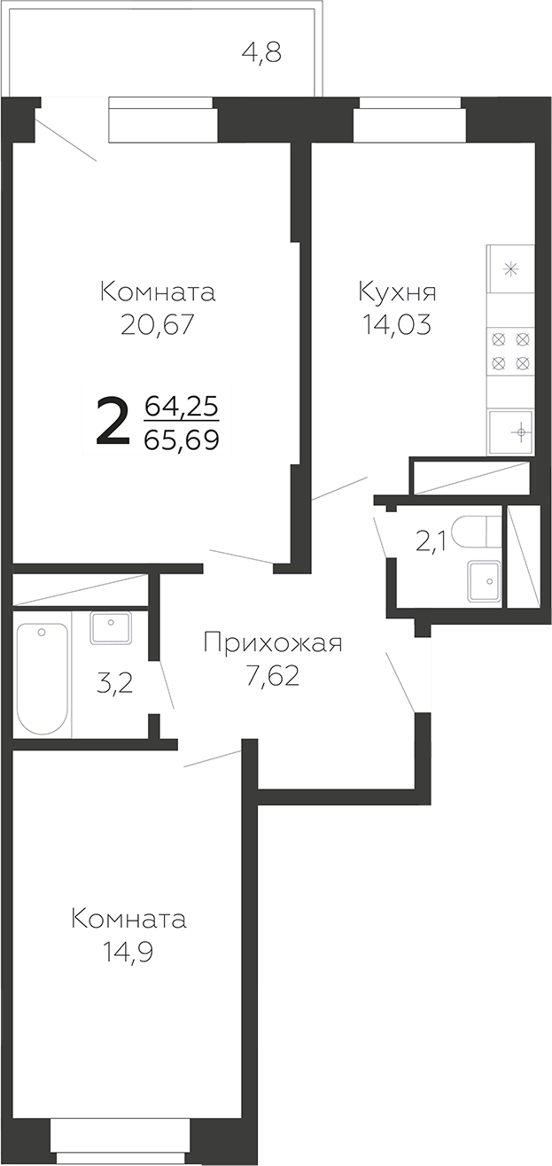 Планировка — Онегин. ГК Развитие, 2-комн., 64 м²