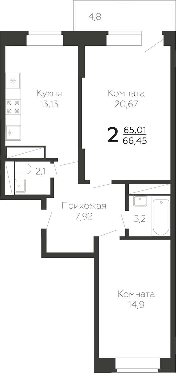 Планировка — Онегин. ГК Развитие, 2-комн., 65 м²