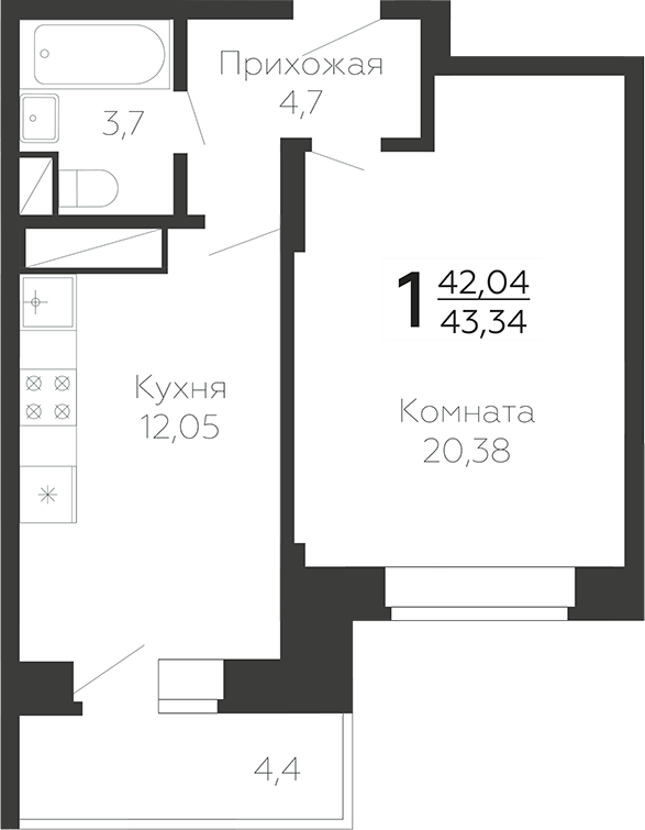 Планировка — Онегин. ГК Развитие, 1-комн., 43 м²
