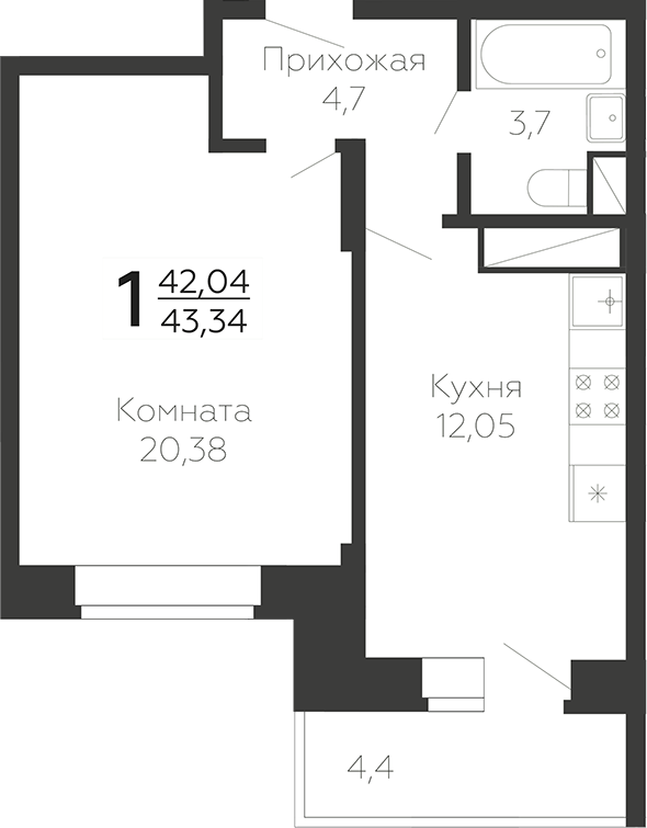 Планировка — Онегин. ГК Развитие, 1-комн., 43 м²