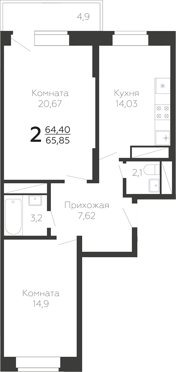 Планировка — Онегин. ГК Развитие, 2-комн., 67 м²