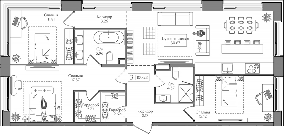 Планировка — Преображенская площадь, 4-комн., 100 м²
