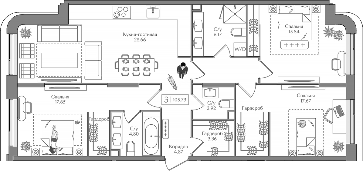 Планировка — Преображенская площадь, 4-комн., 106 м²