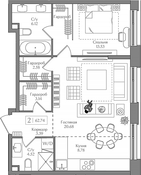 Планировка — Преображенская площадь, 2-комн., 63 м²