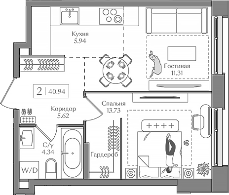 Планировка — Преображенская площадь, 2-комн., 41 м²