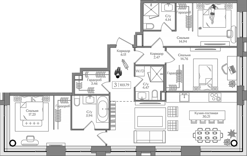 Планировка — Преображенская площадь, 4-комн., 104 м²