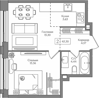 Планировка — Преображенская площадь, 2-комн., 45 м²