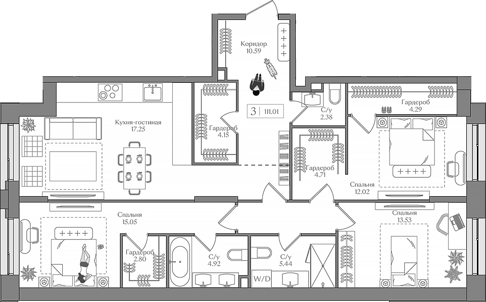Планировка — Преображенская площадь, 4-комн., 111 м²