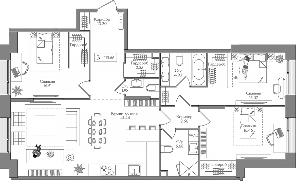 Планировка — Преображенская площадь, 4-комн., 114 м²