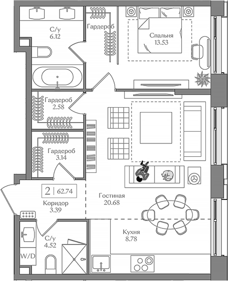 Планировка — Преображенская площадь, 2-комн., 63 м²