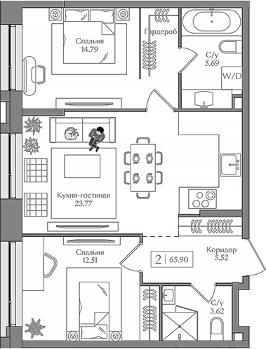 Планировка — Преображенская площадь, 3-комн., 66 м²