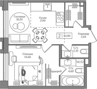 Планировка — Преображенская площадь, 2-комн., 44 м²