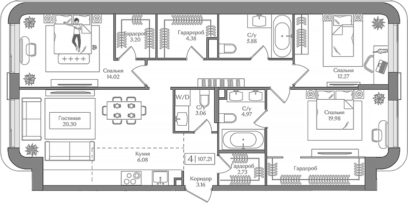 Планировка — Преображенская площадь, 4-комн., 107 м²