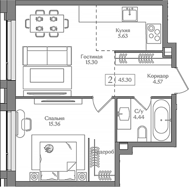 Планировка — Преображенская площадь, 2-комн., 45 м²