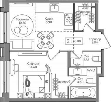 Планировка — Преображенская площадь, 2-комн., 44 м²