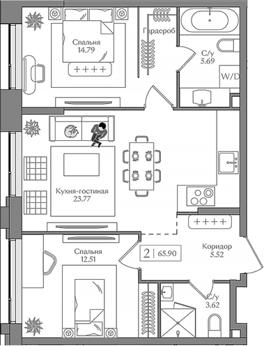 Планировка — Преображенская площадь, 3-комн., 66 м²