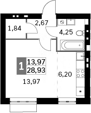 Планировка — Жаворонки Клаб, Студия, 29 м²