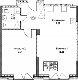 Планировка — ЭВОПАРК Сокольники, 2-комн., 52 м²