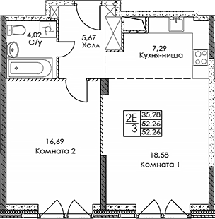 Планировка — ЭВОПАРК Сокольники, 2-комн., 52 м²