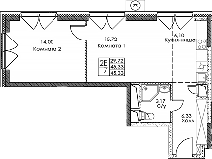 Планировка — ЭВОПАРК Сокольники, 2-комн., 45 м²
