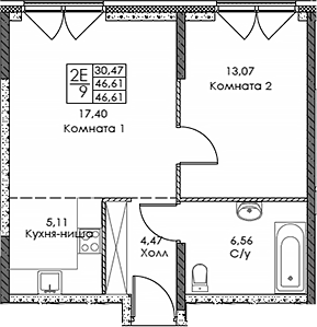 Планировка — ЭВОПАРК Сокольники, 2-комн., 47 м²