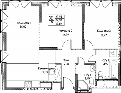 Планировка — ЭВОПАРК Сокольники, 3-комн., 68 м²