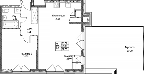 Планировка — ЭВОПАРК Сокольники, 2-комн., 55 м²
